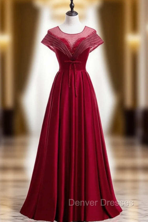 Burgundy Satin Backless Cap Sleeve Beading Pleats Prom Dress