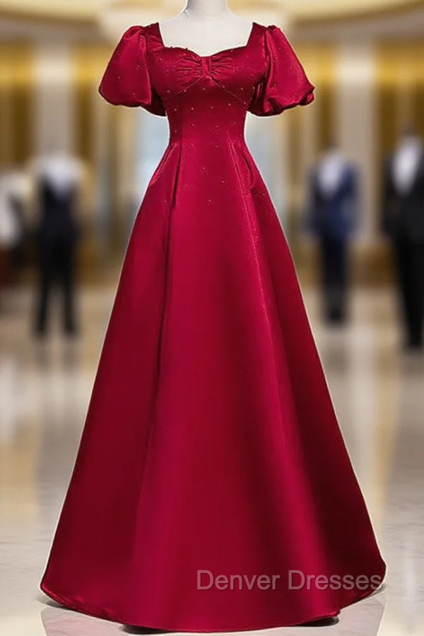 Burgundy Satin Backless Puff Sleeve Beading Prom Dress Main image