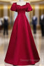 Burgundy Satin Backless Puff Sleeve Beading Prom Dress