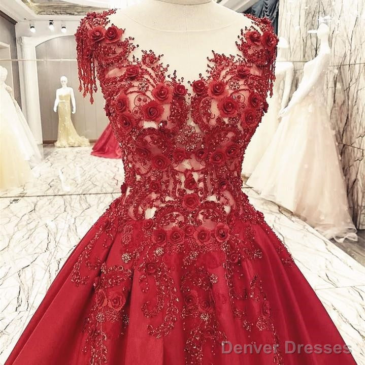 Burgundy Satin Ball Gowns Dresses Lace Embroidery For Wedding Party Main image