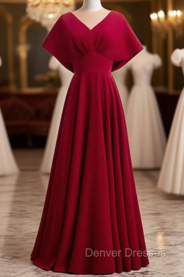 Burgundy Satin Bat Sleeve V-neck Prom Dress Main image