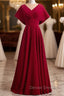 Burgundy Satin Bat Sleeve V-neck Prom Dress