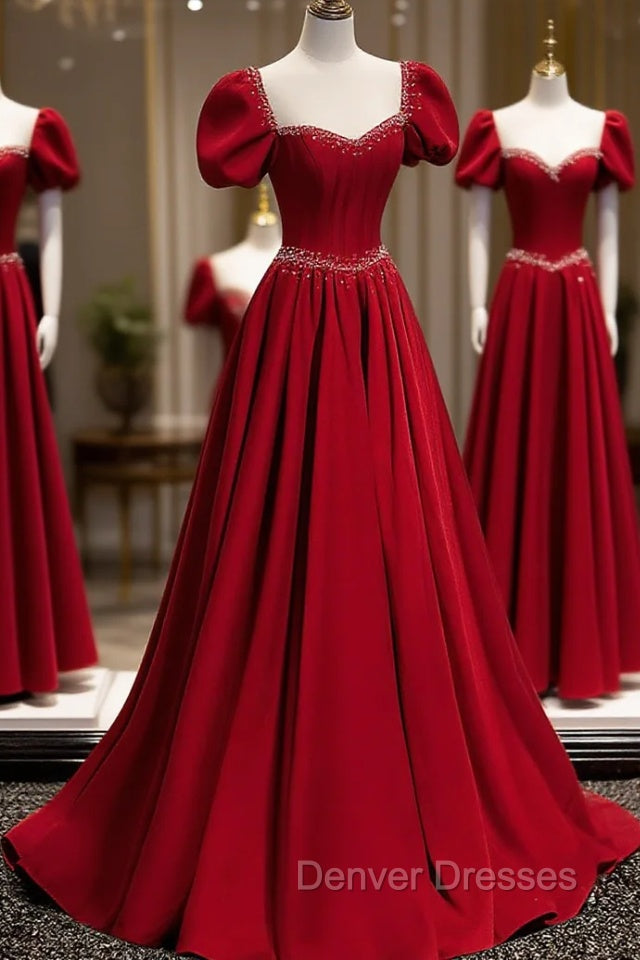 Burgundy Satin Beads Long Prom Dress, Burgundy Long Formal Dress