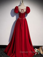 Burgundy Satin Beads Long Prom Dress, Burgundy Long Formal Dress