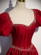 Burgundy Satin Beads Long Prom Dress, Burgundy Long Formal Dress