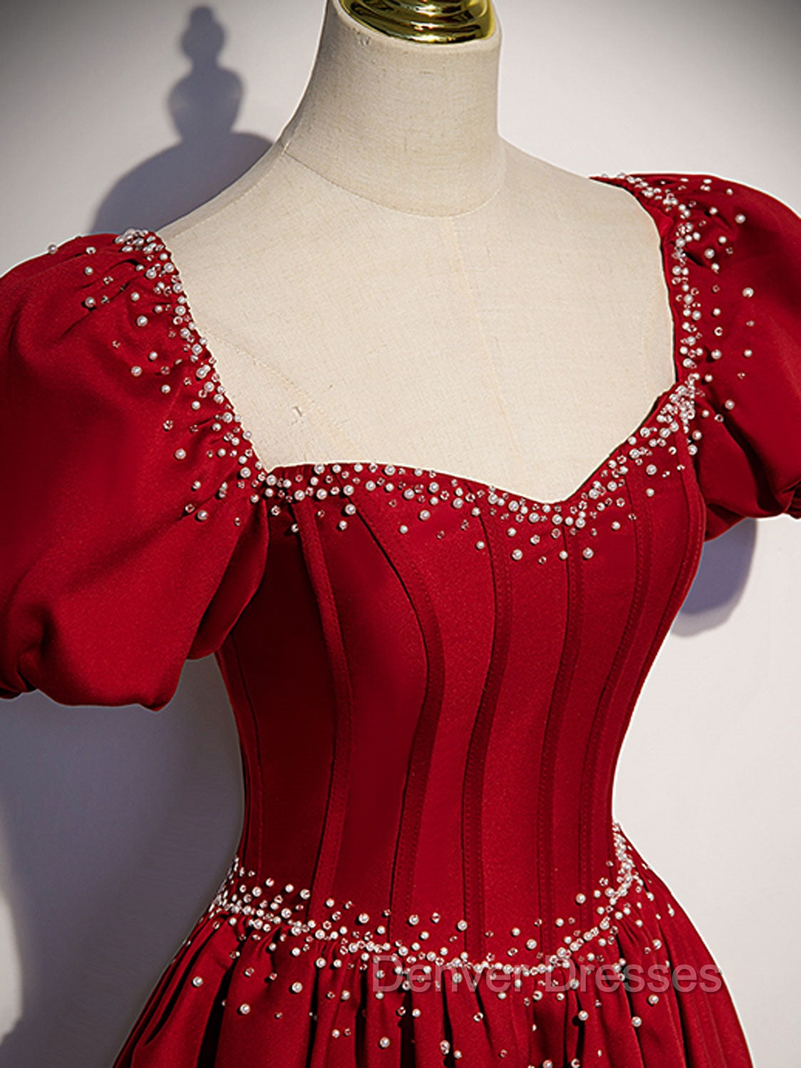 Burgundy Satin Beads Long Prom Dress, Burgundy Long Formal Dress