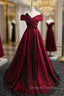 Burgundy Satin Black Tulle Off the Shoulder Pleats Prom Dress
