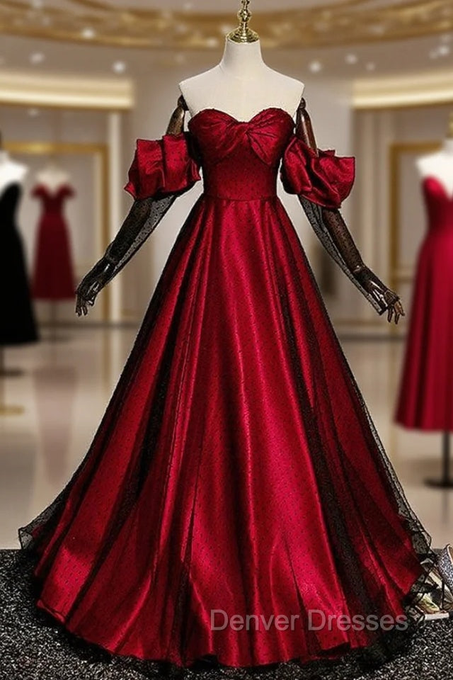 Burgundy Satin Black Tulle Sweetheart Prom Dress Main image