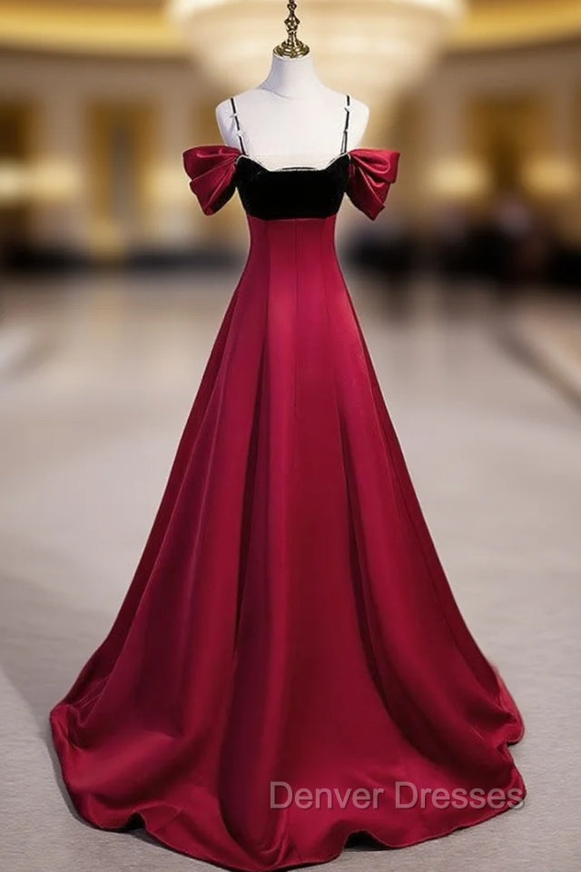 Burgundy Satin Black Velvet Spaghetti Straps Beading Prom Dress