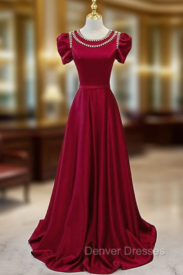 Burgundy Satin Cap Sleeve Beading Pearls Prom Dress Main image