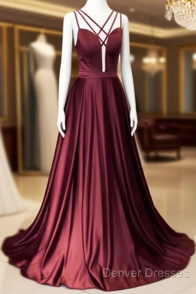 Burgundy Satin Cross Straps Long A Line Prom Dress Main image