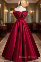 Burgundy Satin Floor Length Prom Dress, A-Line Off the Shoulder Evening Party Dress