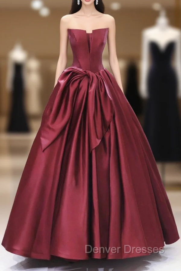Burgundy Satin Floor Length Prom Dress, Beautiful A-Line Evening Party Dress Main image