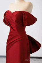 Burgundy Satin Floor Length Prom Dress, Mermaid Off The Shoulder Party Dress