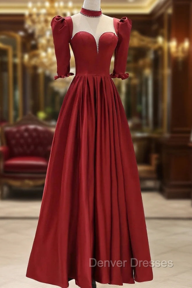 Burgundy Satin High Neck Long Prom Dress, Burgundy A-Line Evening Party Dress Main image