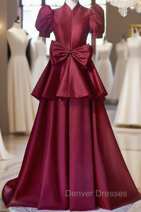 Burgundy Satin High Neck Puff Sleeve Bow Prom Dress Main image