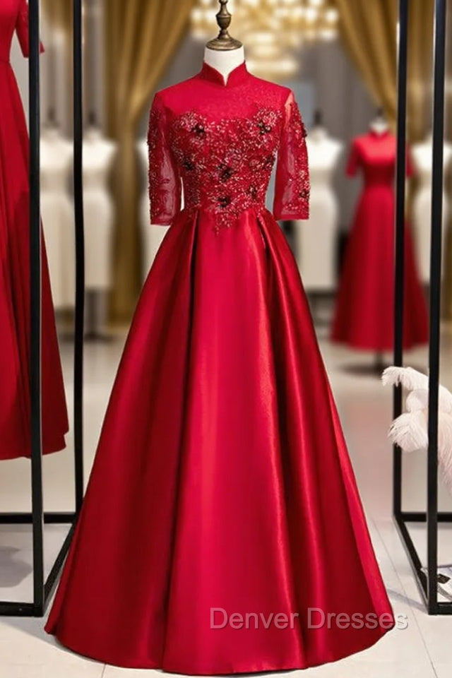 Burgundy Satin High Neck Short Sleeve Appliques Prom Dress
