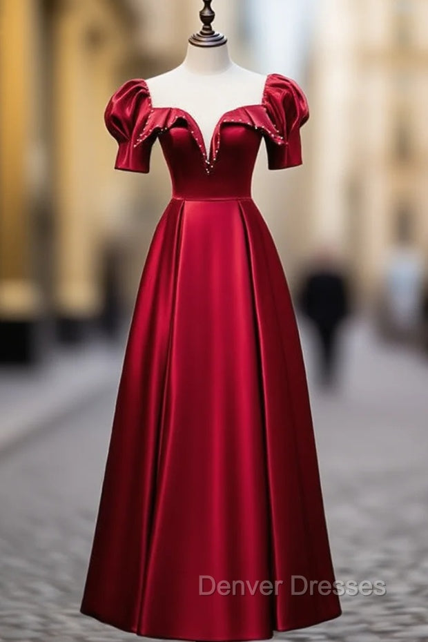 Burgundy Satin Illusion Neck Short Sleeve Prom Dress