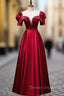 Burgundy Satin Illusion Neck Short Sleeve Prom Dress
