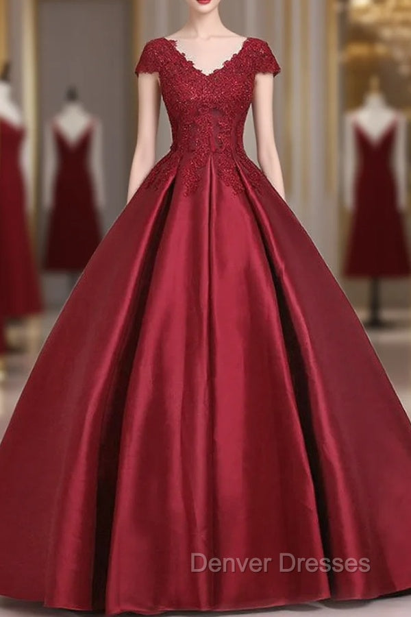 Burgundy Satin Lace Applique Scoop Neckline Long Prom Dress