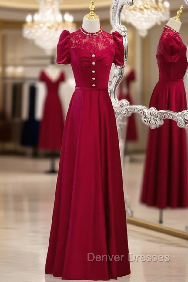 Burgundy Satin Lace Puff Sleeve Backless Prom Dress Main image