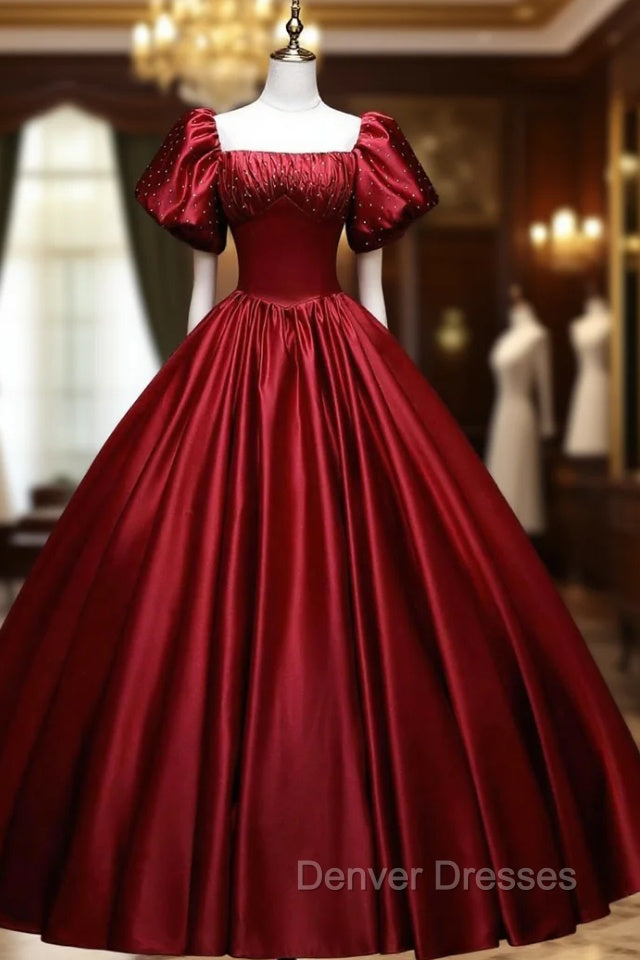 Burgundy Satin Long A-Line Prom Dress, Burgundy Formal Evening Dress