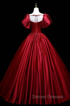 Burgundy Satin Long A-Line Prom Dress, Burgundy Formal Evening Dress