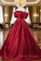 Burgundy Satin Long A-Line Prom Dress, Off the Shoulder Evening Party Dress