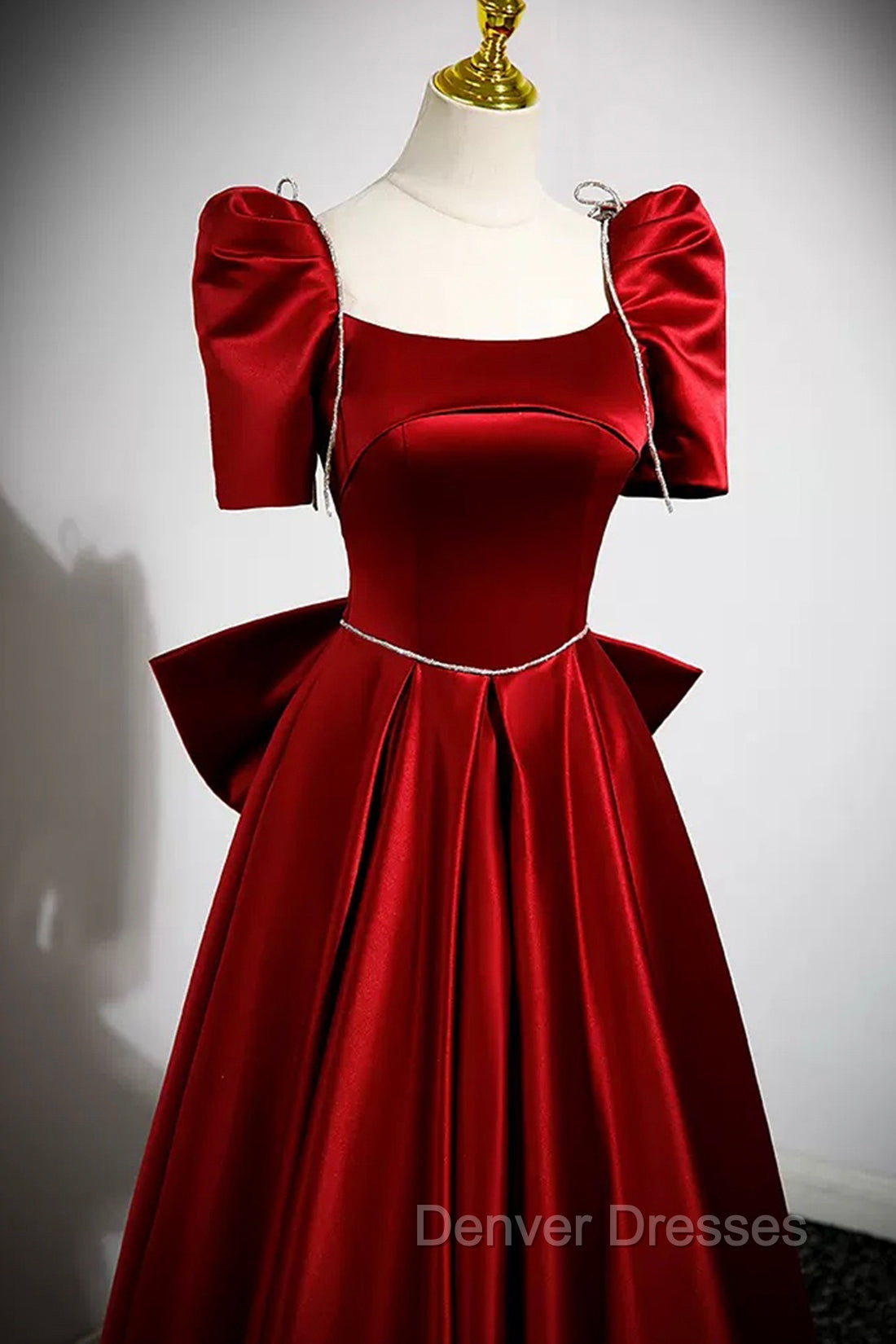 Burgundy Satin Long Prom Dress, A-Line Evening Dress with Bow Secondary image