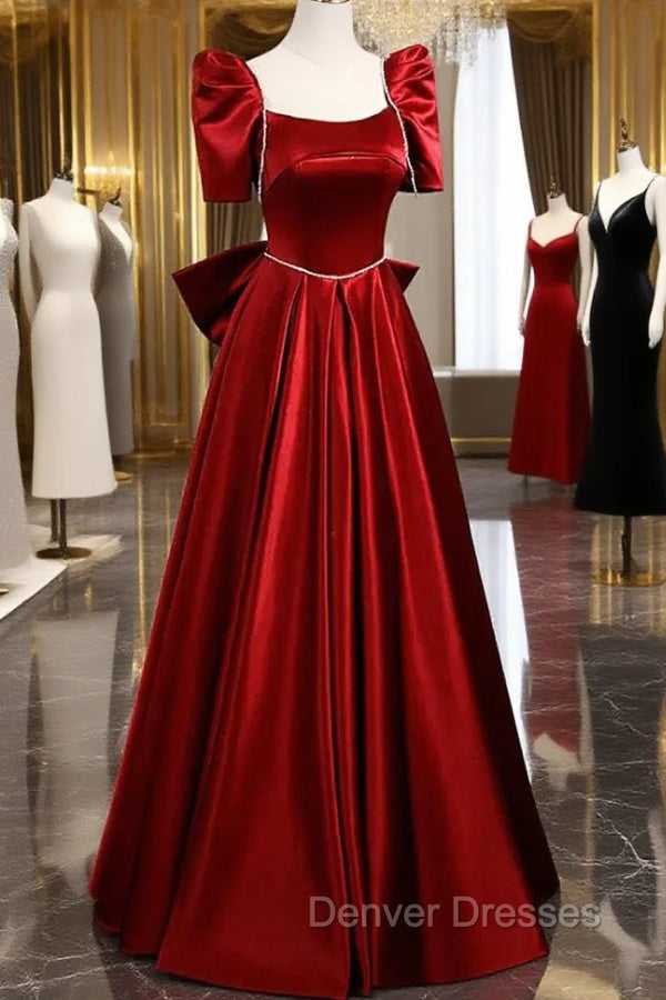 Burgundy Satin Long Prom Dress, A-Line Evening Dress with Bow