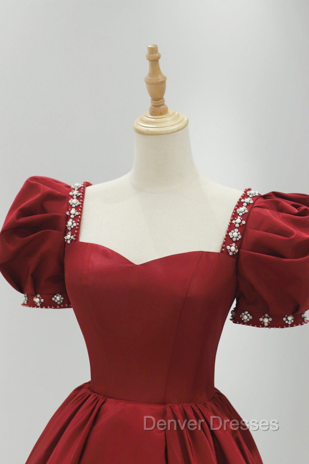 Burgundy Satin Long Prom Dress, A-Line Short Sleeve Evening Dress Secondary image