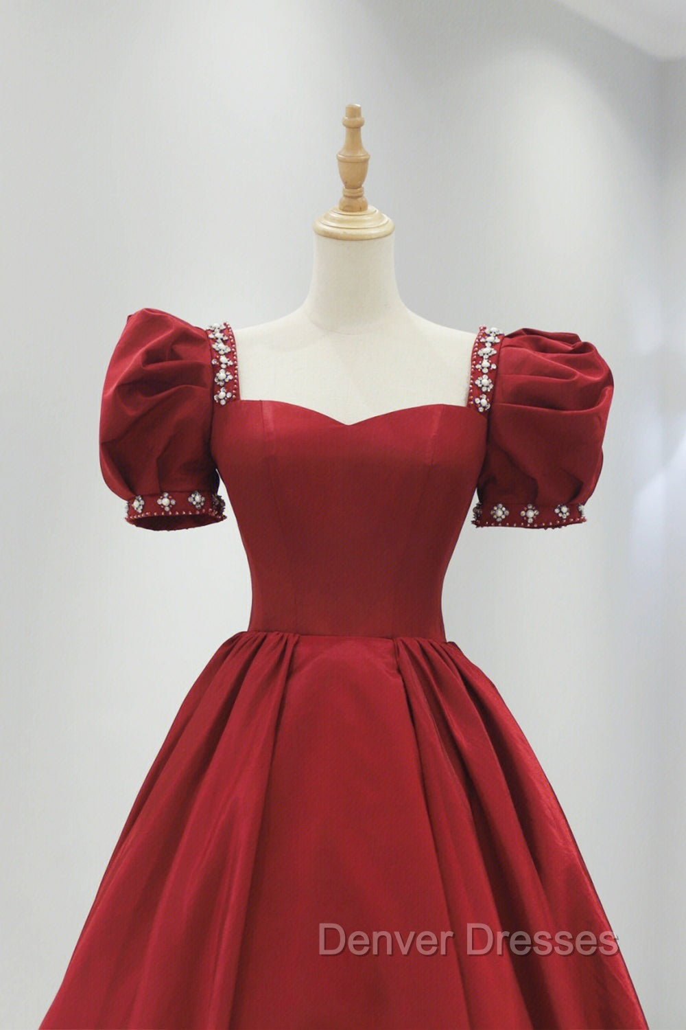 Burgundy Satin Long Prom Dress, A-Line Short Sleeve Evening Dress Main image