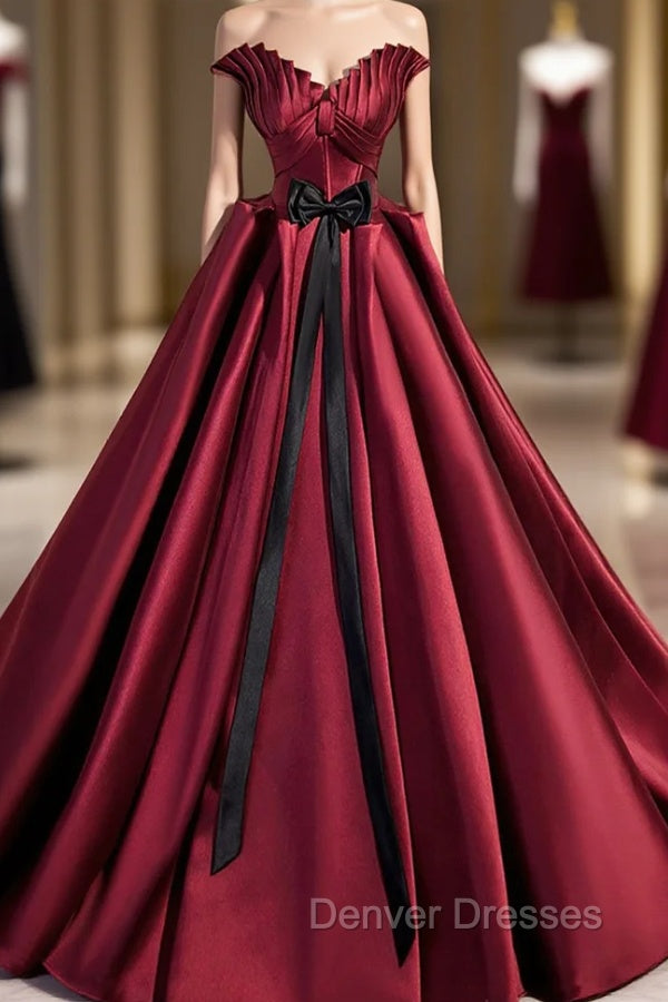 Burgundy Satin Long Prom Dress, Burgundy A-Line Evening Dress
