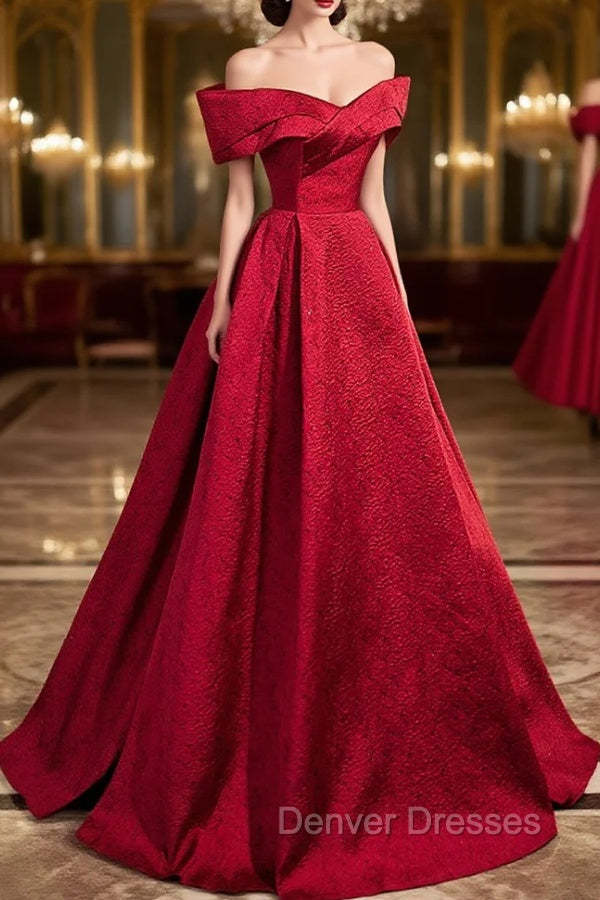 Burgundy Satin Long Prom Dress, Off Shoulder Evening Party Dress