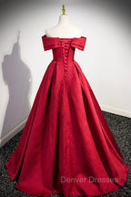 Burgundy Satin Long Prom Dress, Off Shoulder Evening Party Dress