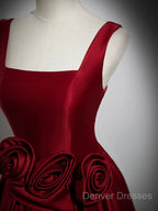 Burgundy Satin Long Prom Dress With Flowers, Elegant A-Line Party Dress