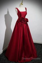 Burgundy Satin Long Prom Dress With Flowers, Elegant A-Line Party Dress