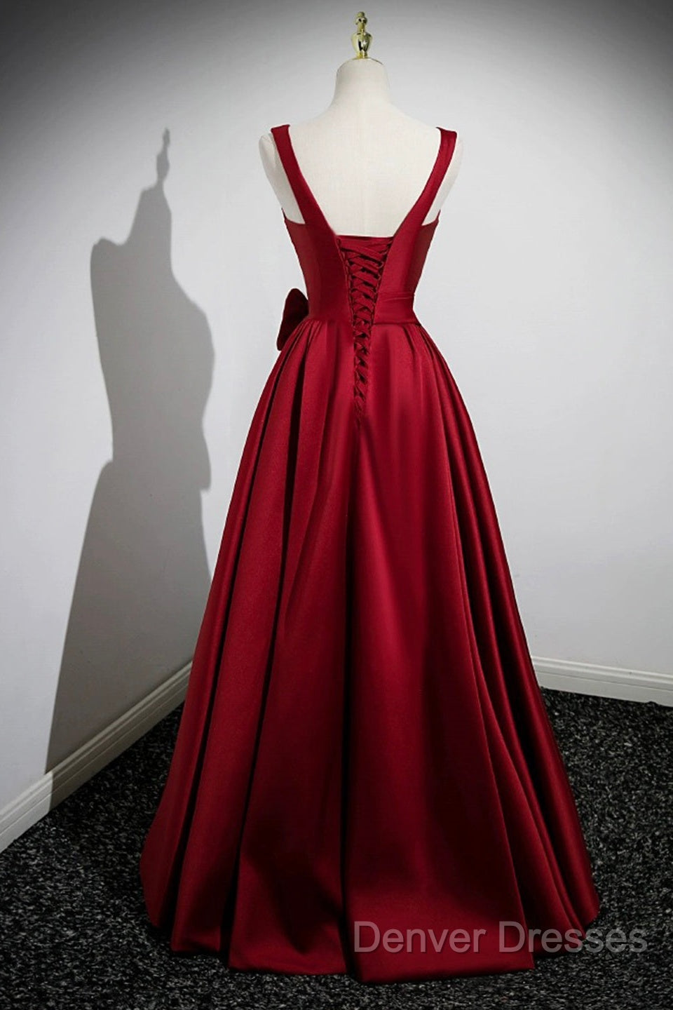 Burgundy Satin Long Prom Dress With Flowers, Elegant A-Line Party Dress