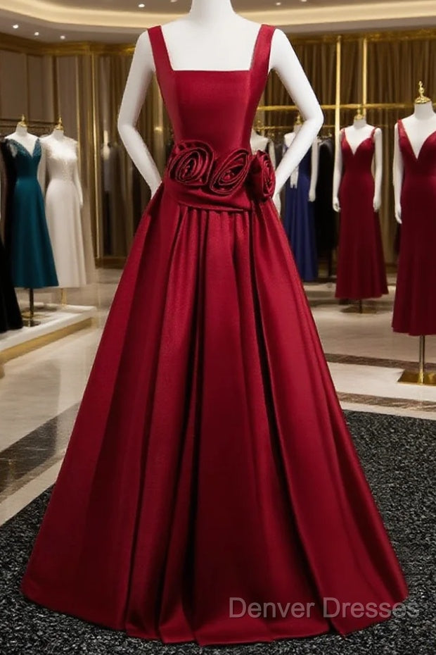 Burgundy Satin Long Prom Dress With Flowers, Elegant A-Line Party Dress