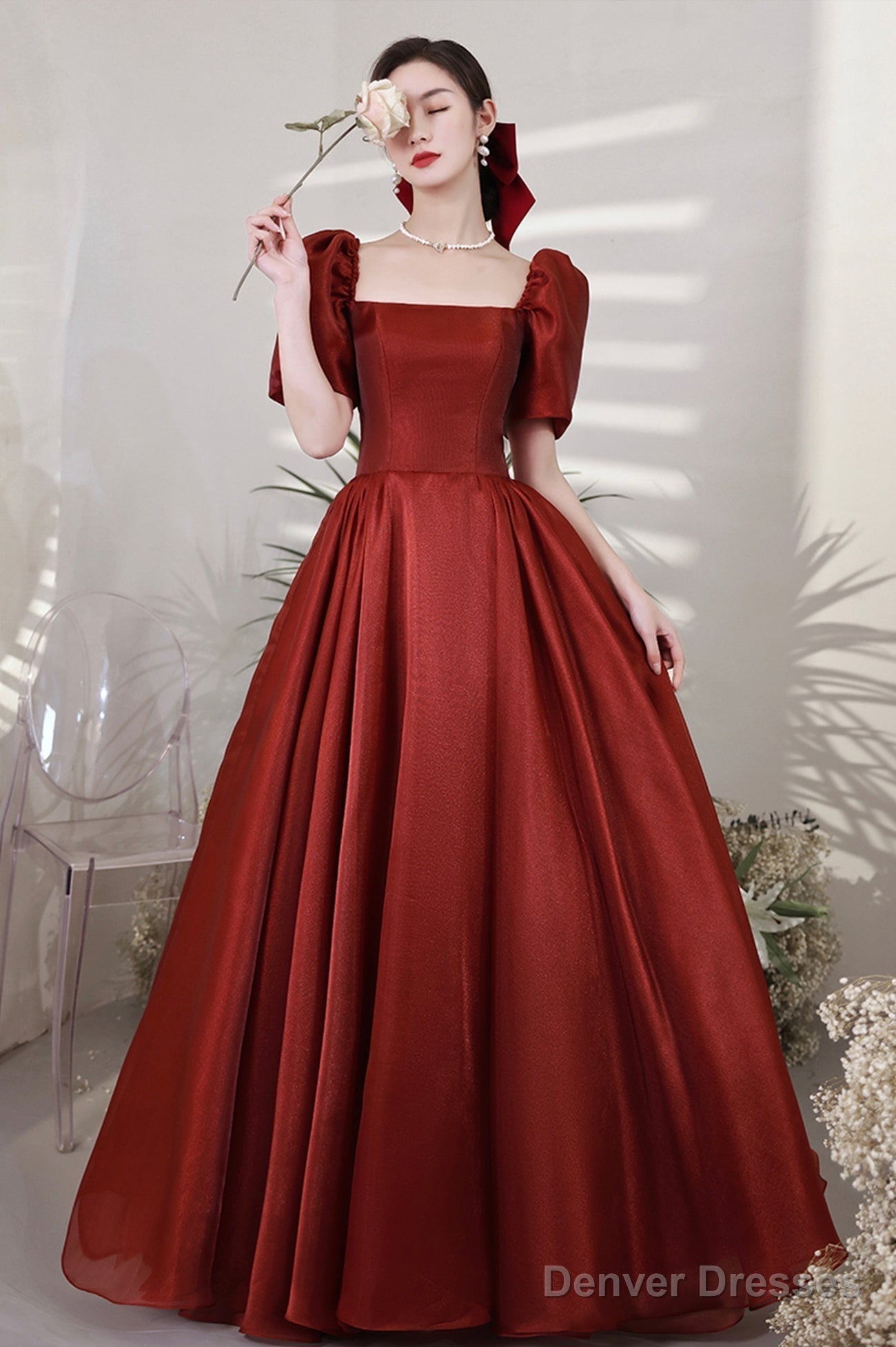 Burgundy Satin Long Prom Dresses, A-Line Short Sleeve Evening Dresses Main image