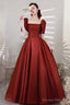 Burgundy Satin Long Prom Dresses, A-Line Short Sleeve Evening Dresses