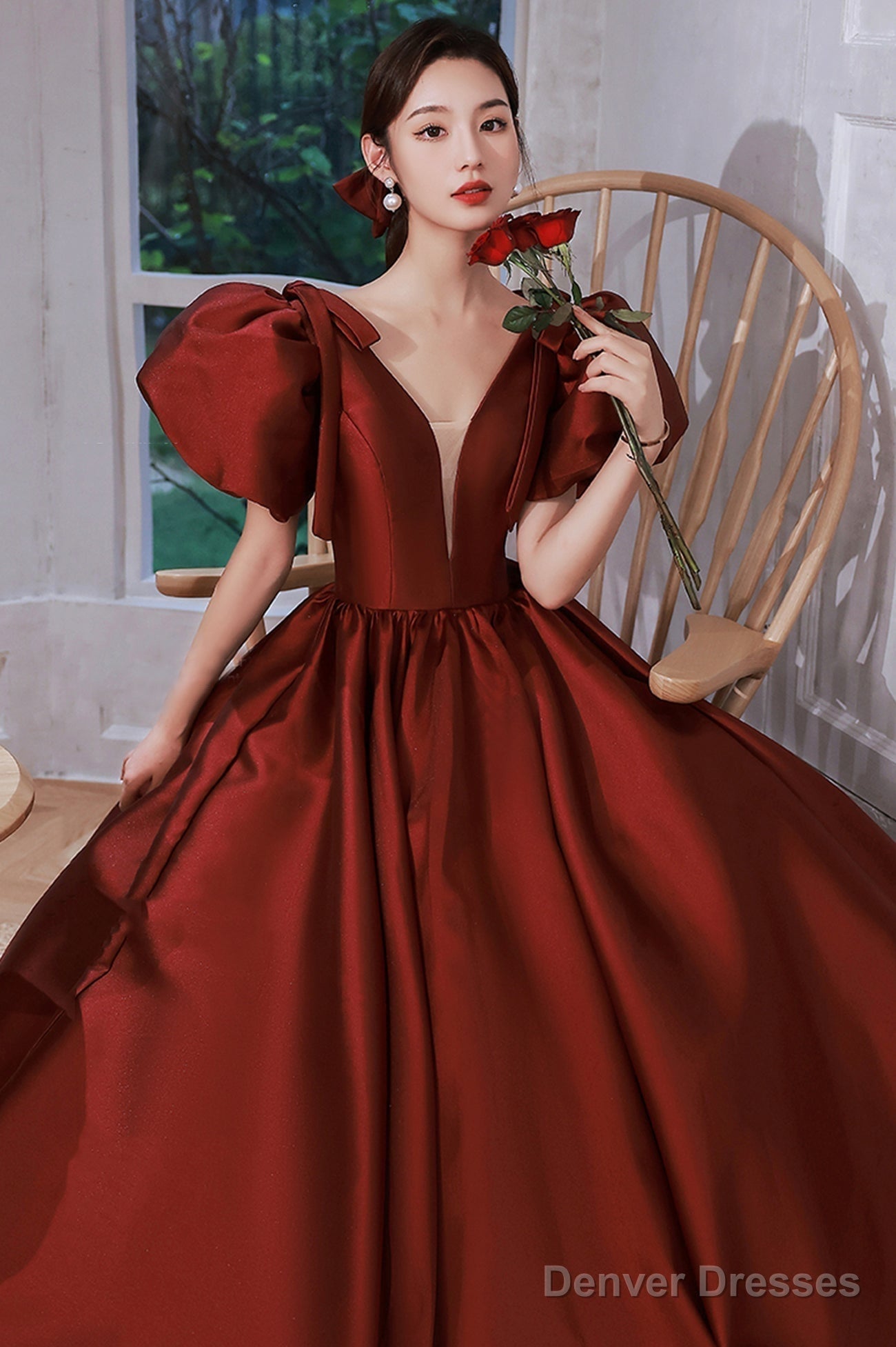 Burgundy Satin Long Prom Dresses, Lovely Puff Sleeve Evening Gown Secondary image