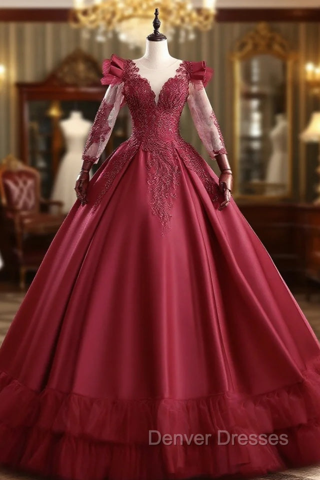 Burgundy Satin Long Sleeve Beading Quinceanera Dress Main image