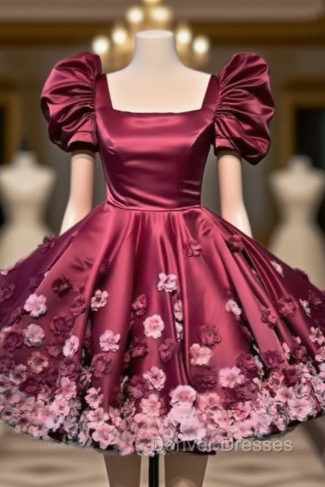 Burgundy Satin Mini Dress With 3D Flowers