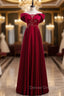 Burgundy Satin Off the Shoulder Appliques Beading Prom Dress