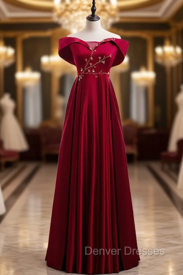 Burgundy Satin Off the Shoulder Appliques Beading Prom Dress Main image