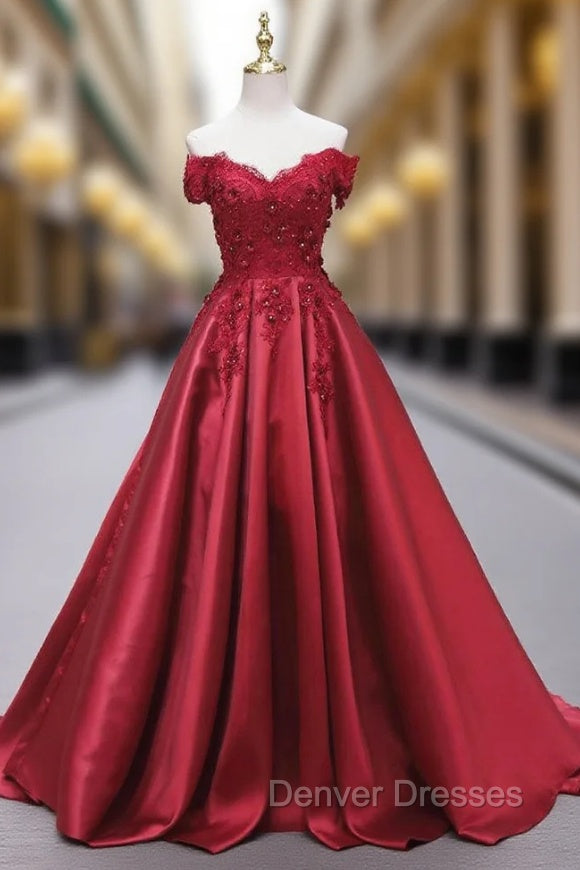 Burgundy Satin Off the Shoulder Appliques Prom Dress Main image