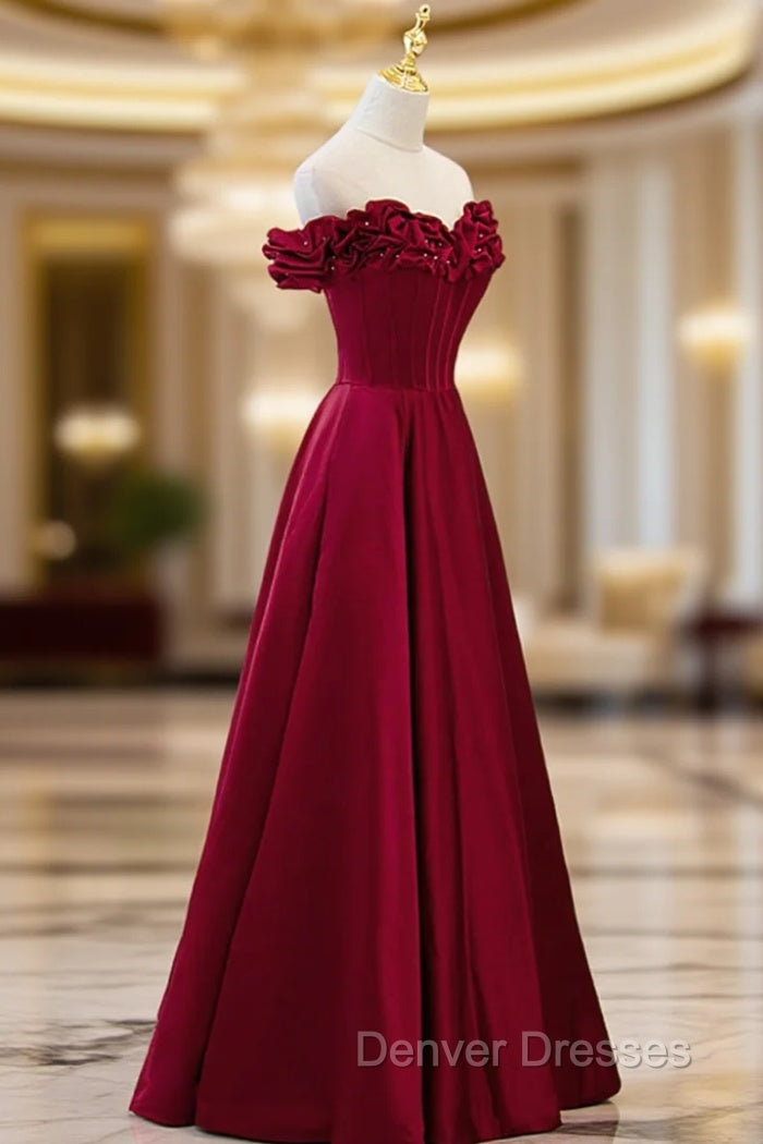 Burgundy Satin Off the Shoulder Beaded Long Formal Dress, Burgundy A-Line Prom Dress Main image