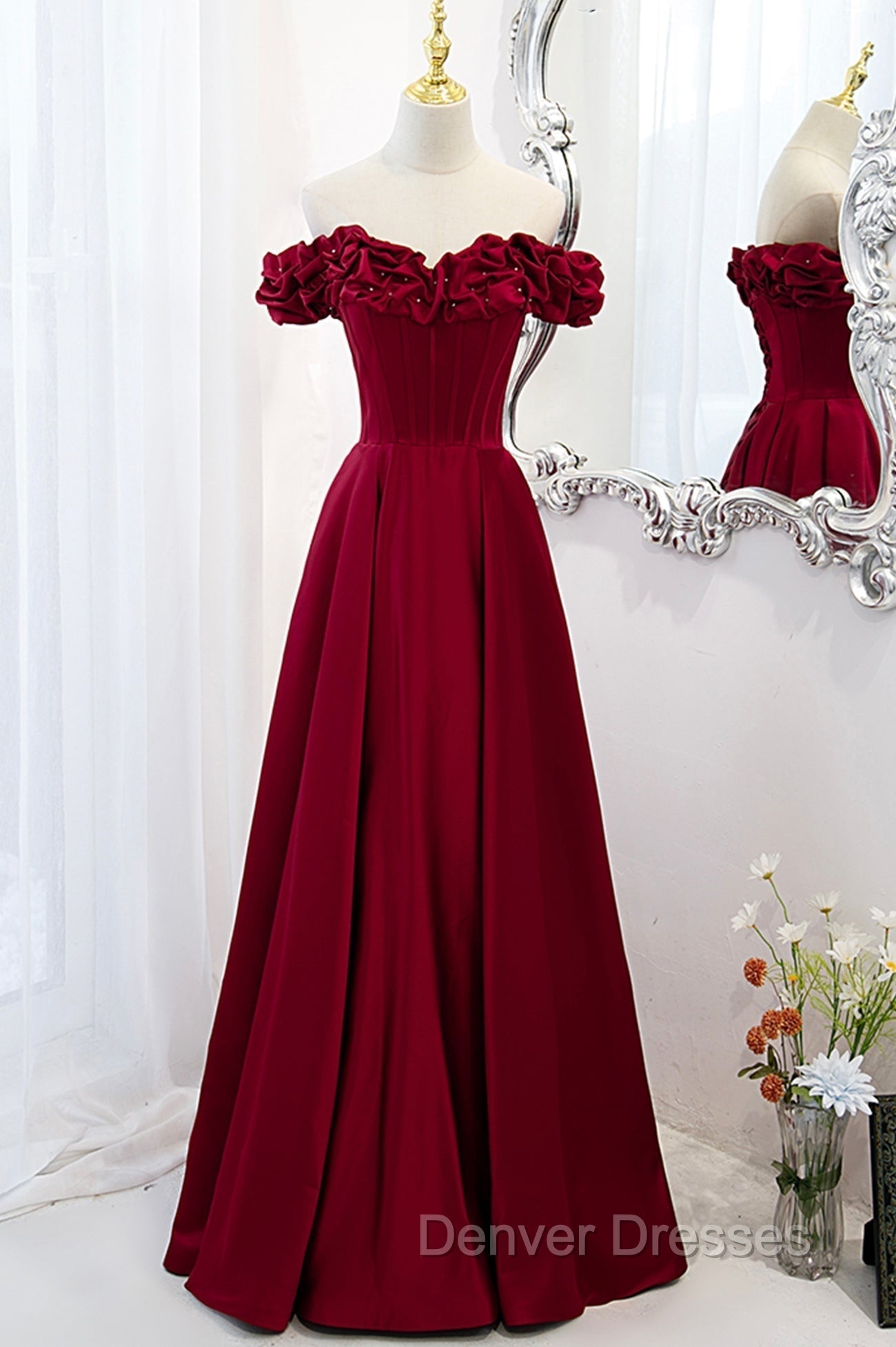 Burgundy Satin Off the Shoulder Beaded Long Formal Dress, Burgundy A-Line Prom Dress Secondary image