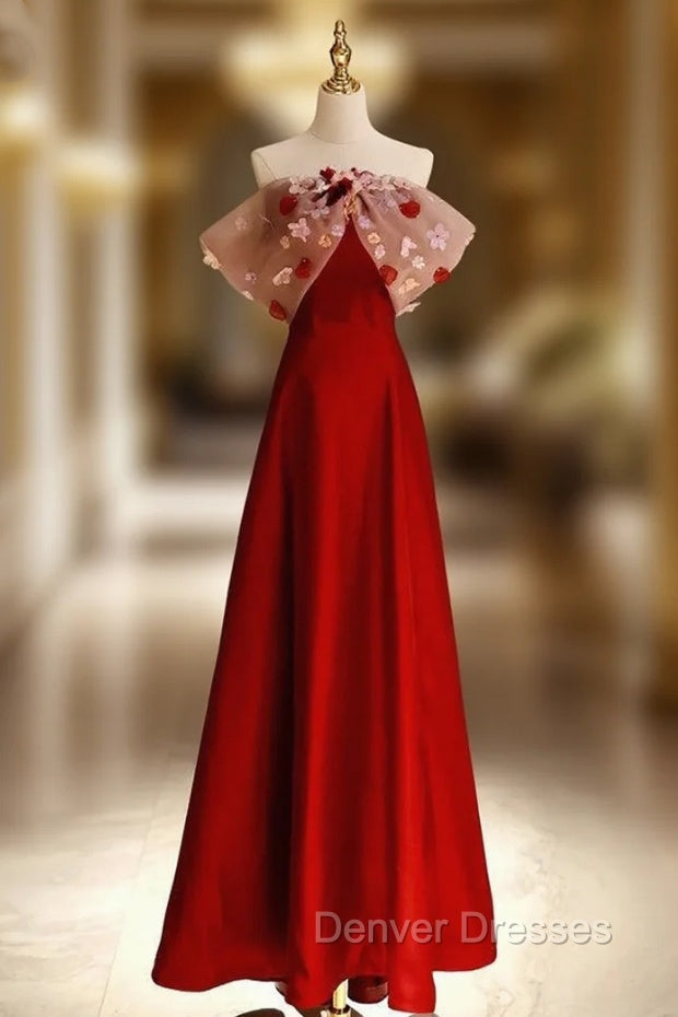 Burgundy Satin Off the Shoulder Flower Prom Dress